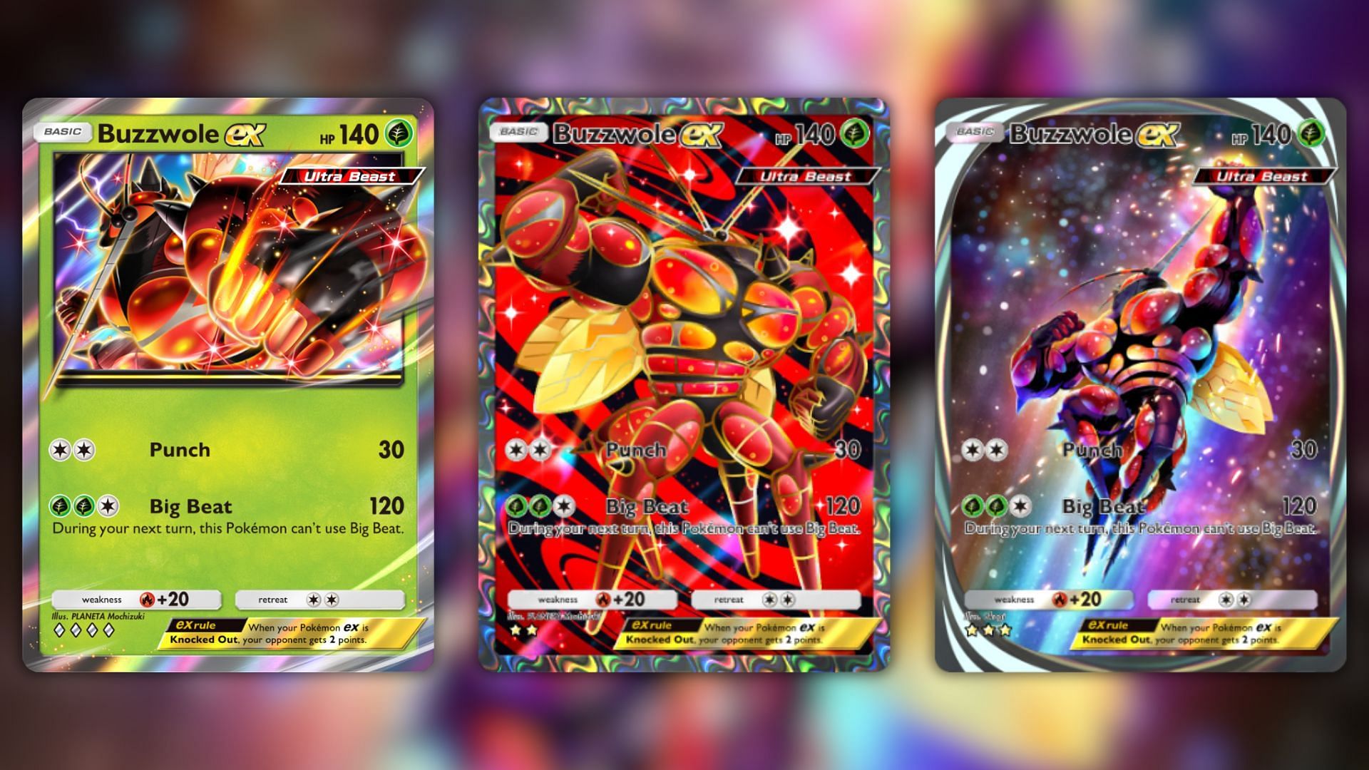 All Buzzwole ex variants as seen in the game (Image via The Pokemon Company)